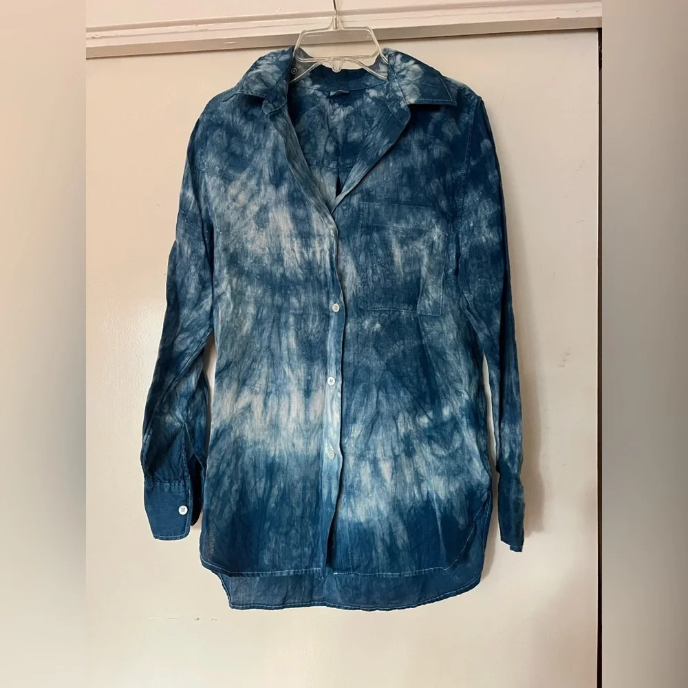 ARKET Indigo Tie-Dye Linen Button Down Blouse Relaxed Fit